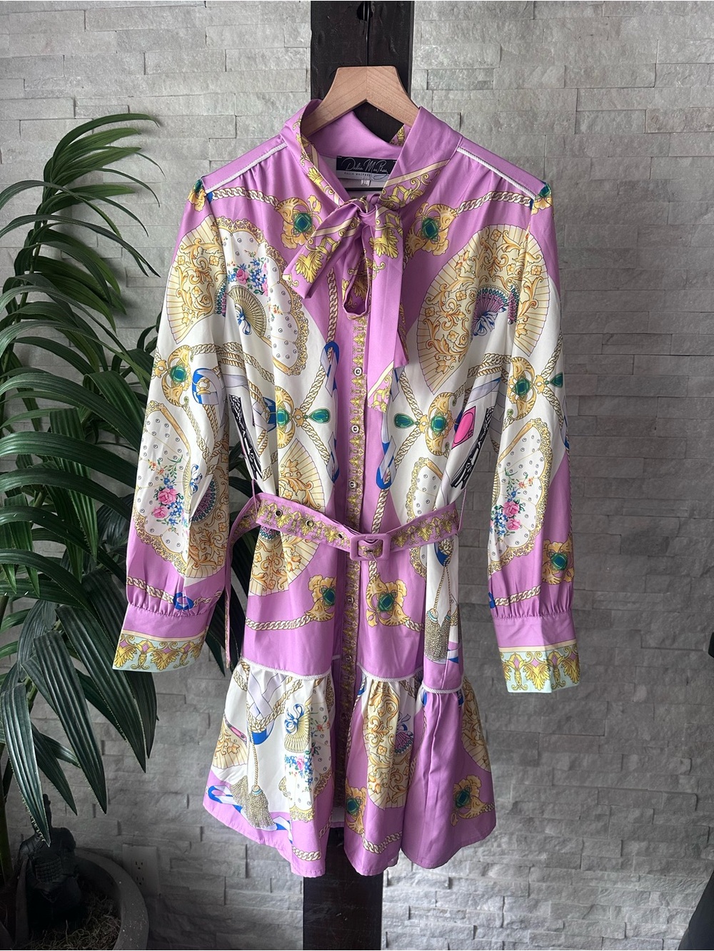 Dalia MacPhee Tie-Neck Long Sleeve Short Dress with Belt Size XL
